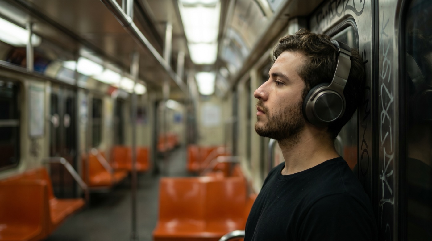 Generic AI render of a young man with headphones in a subway